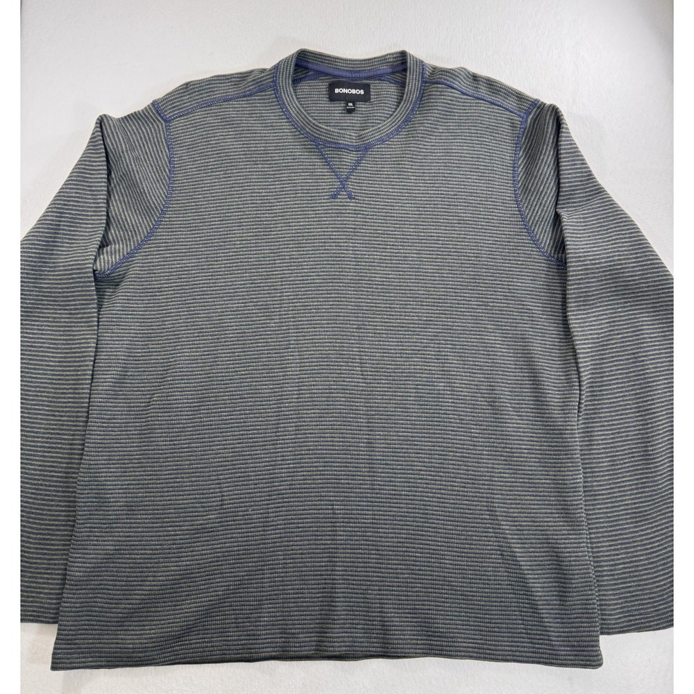 Bonobos Mens Cotton Striped Crewneck Sweater 2XL Green Blue Waffle Knit EUC